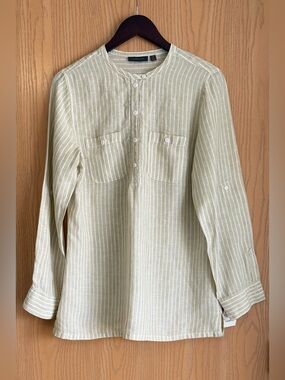 Amber Sun | SZ Medium | Green White Stripe Linen Tunic Top Blouse |NWT Nordstrom